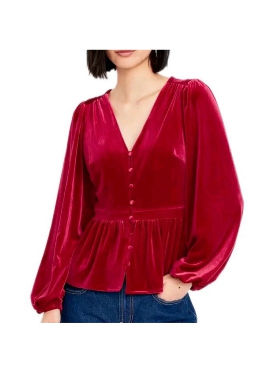 Old Navy Tops - Old Navy Red Velvet Peplum Button-Front Blouse